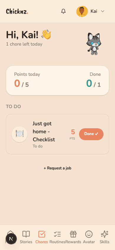 Kid mobile view with bottom nav including Skills